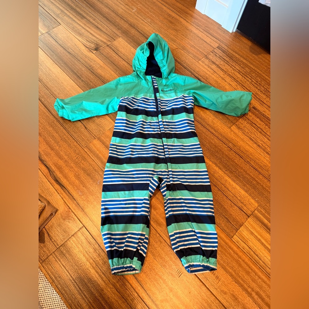 Columbia Kids 2T-3T Rainsuit - fleece lined Green and Blue Stripes
